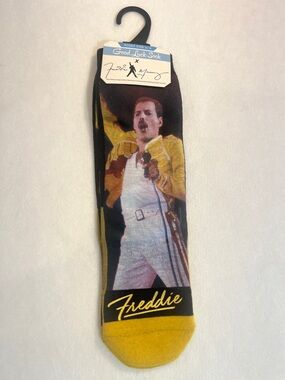 Freddie Mercury Graphic Crew Socks in Yellow - Good Luck Sock